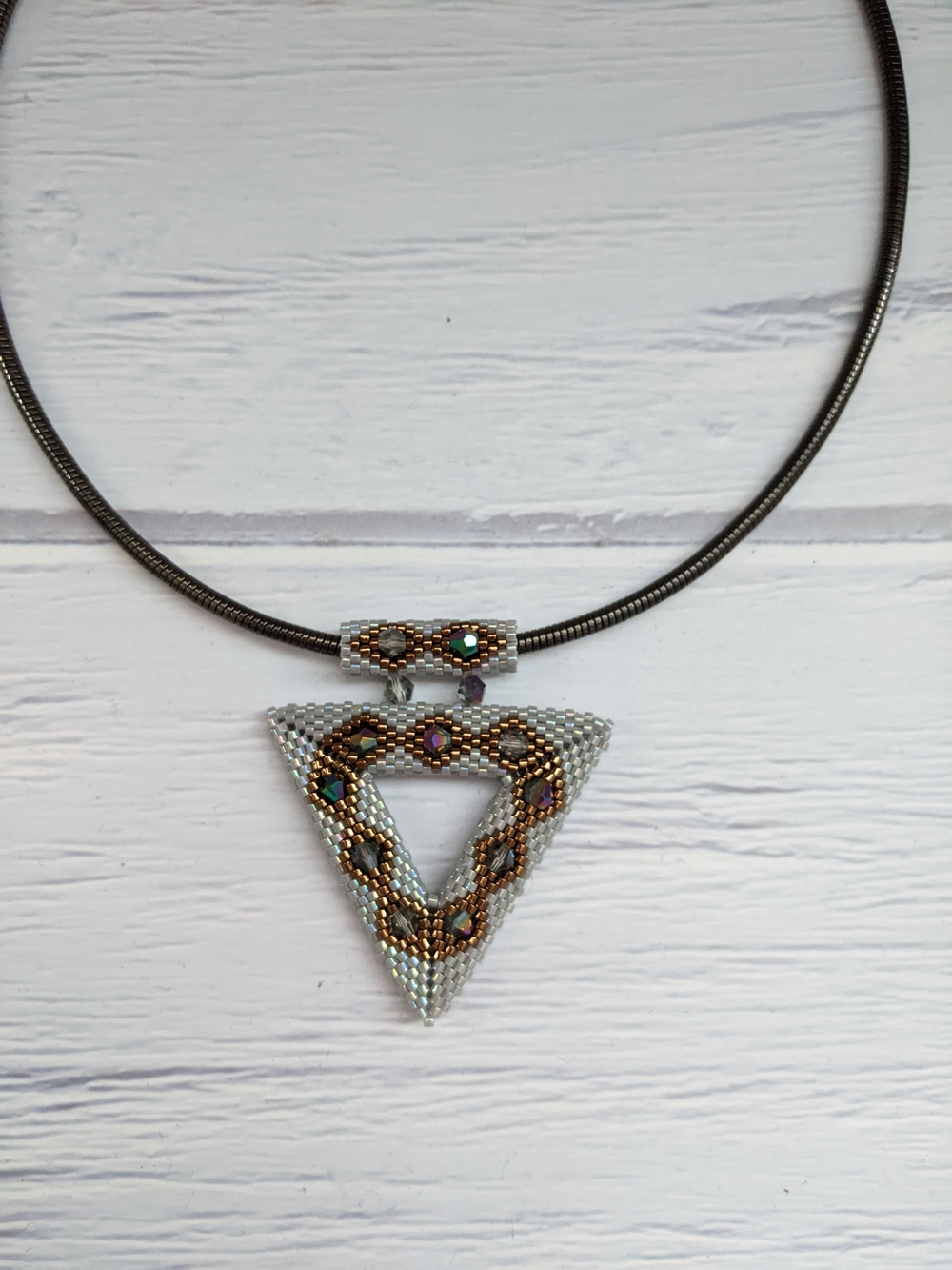 Iridescent Silver & Gold Triangle Beaded Pendant Necklace - Picture 4 of 9